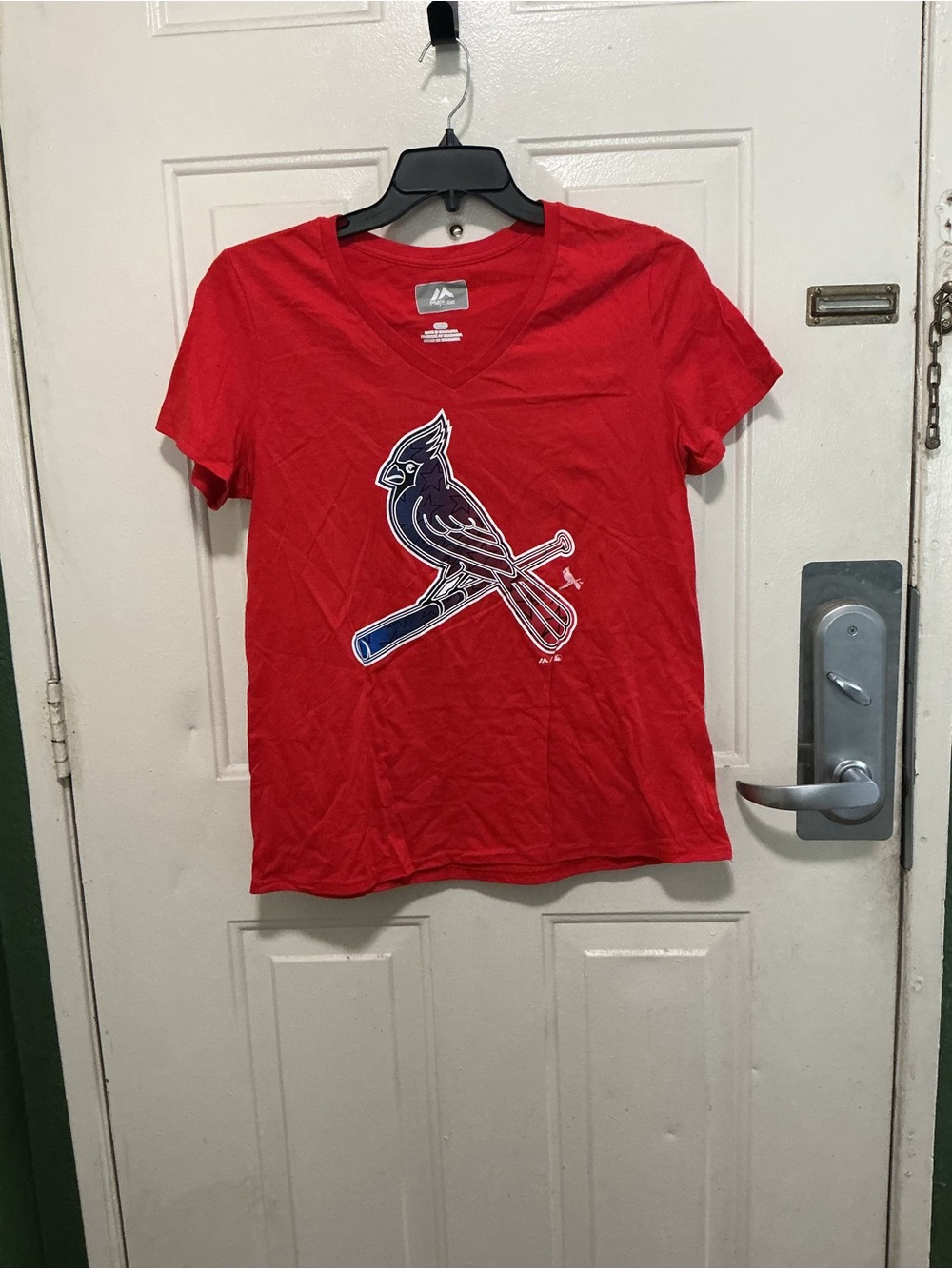 Majestic Red Womens V-Neck Tee with Cardinal Logo